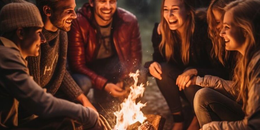 Group gathered around a warm fire pit, enjoying the glow and sharing stories.