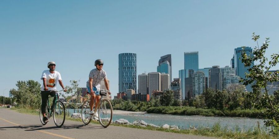 A group of adults riding bicycles on a beautiful outdoor path.